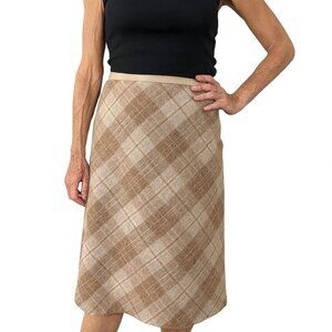Vintage Express Wool Blend Plaid A-Line Midi Skirt Brown Beige Checkered Sze 1/2